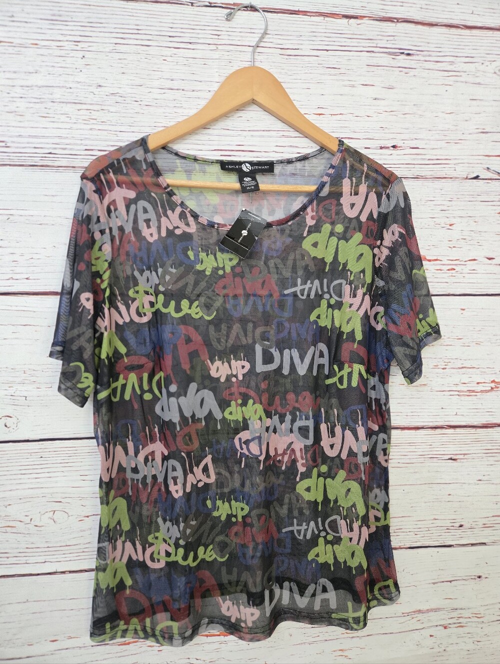 NWT Ashley Stewart Diva Mesh Graphic Top 14/16 Y2K Streetwear